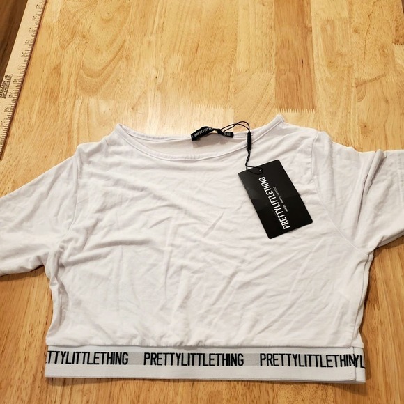 PrettyLittleThing Tops - New with Tags White Crop Tee Elastic Waist Logo